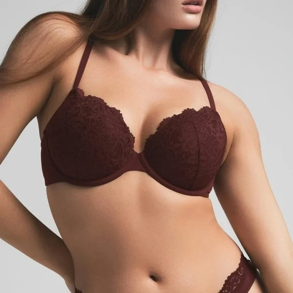 Skims 42D Fits Everybody Lace Push Up Bra Demi Oxblood NWT - Picture 1 of 8